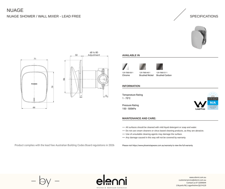 Nuage Shower / Wall Mixer - Lead Free - Elenni specification drawing
