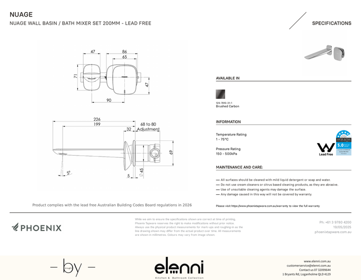 Nuage Wall Basin / Bath Mixer Set 200mm - Lead Free - Elenni specification drawing