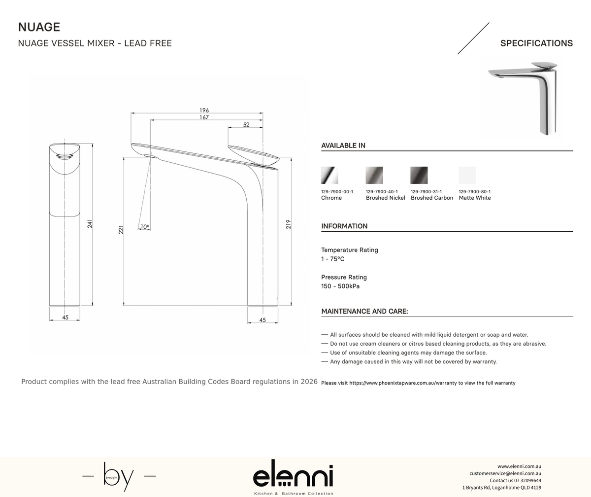 Nuage Vessel Mixer - Lead Free - Elenni specification drawing