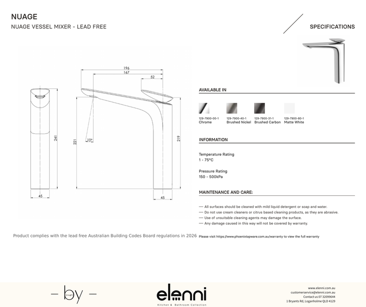 Nuage Vessel Mixer - Lead Free - Elenni specification drawing