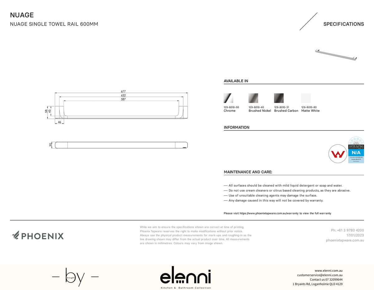 Nuage Single Towel Rail 600mm - Elenni specification drawing
