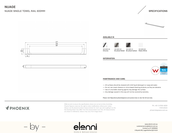 Nuage Single Towel Rail 600mm - Elenni specification drawing