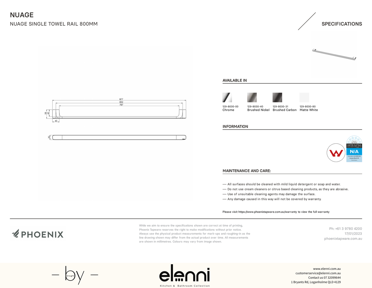 Nuage Single Towel Rail 800mm - Elenni specification drawing