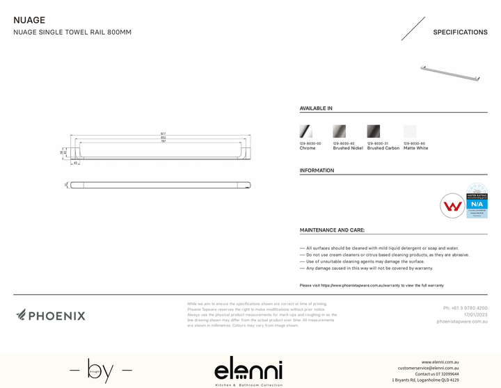 Nuage Single Towel Rail 800mm - Elenni specification drawing