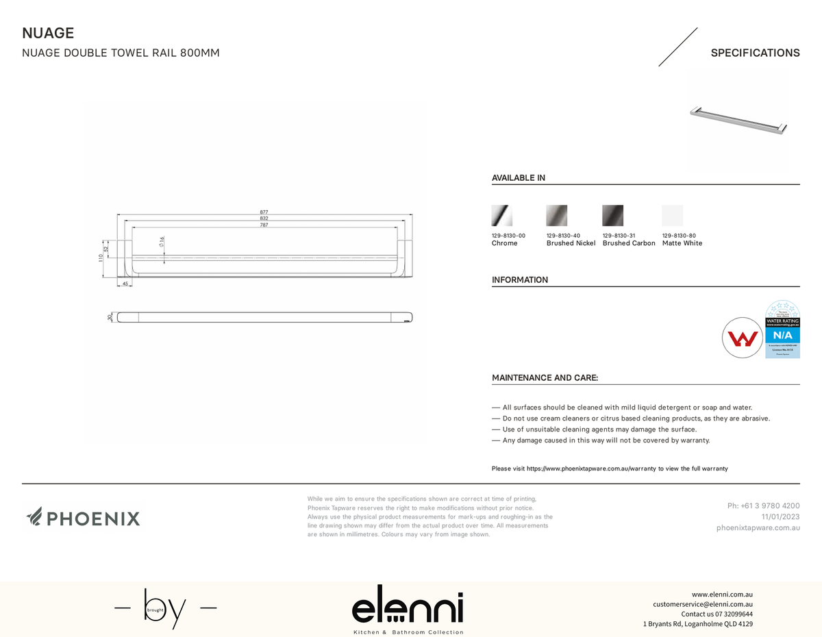 Nuage Double Towel Rail 800mm - Elenni specification drawing