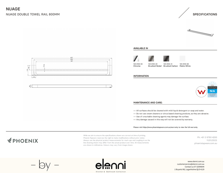 Nuage Double Towel Rail 800mm - Elenni specification drawing