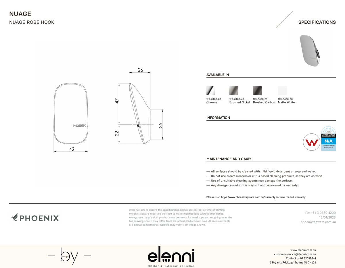 Nuage Robe Hook - Elenni specification drawing