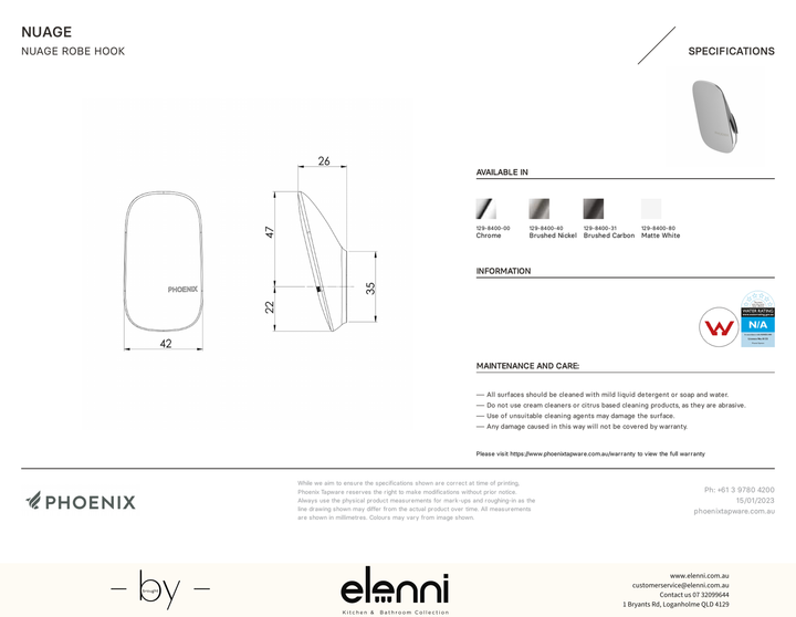 Nuage Robe Hook - Elenni specification drawing