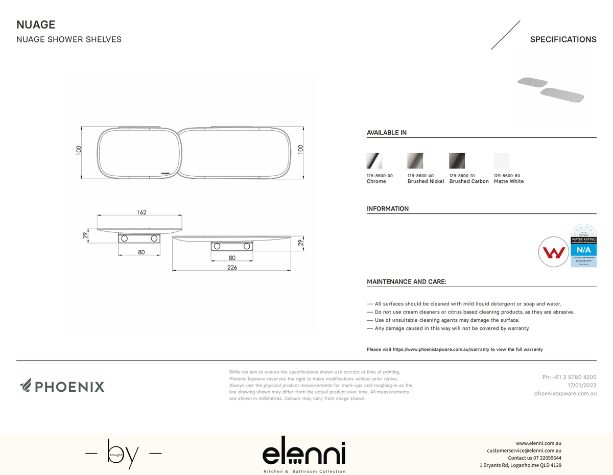 Nuage Shower Shelves - Elenni specification drawing