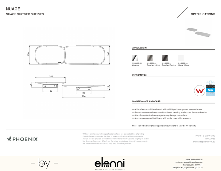Nuage Shower Shelves - Elenni specification drawing