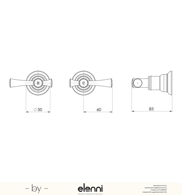 Cromford Wall Top Assemblies 15mm Extended Spindles - Lead Free - Elenni specification drawing