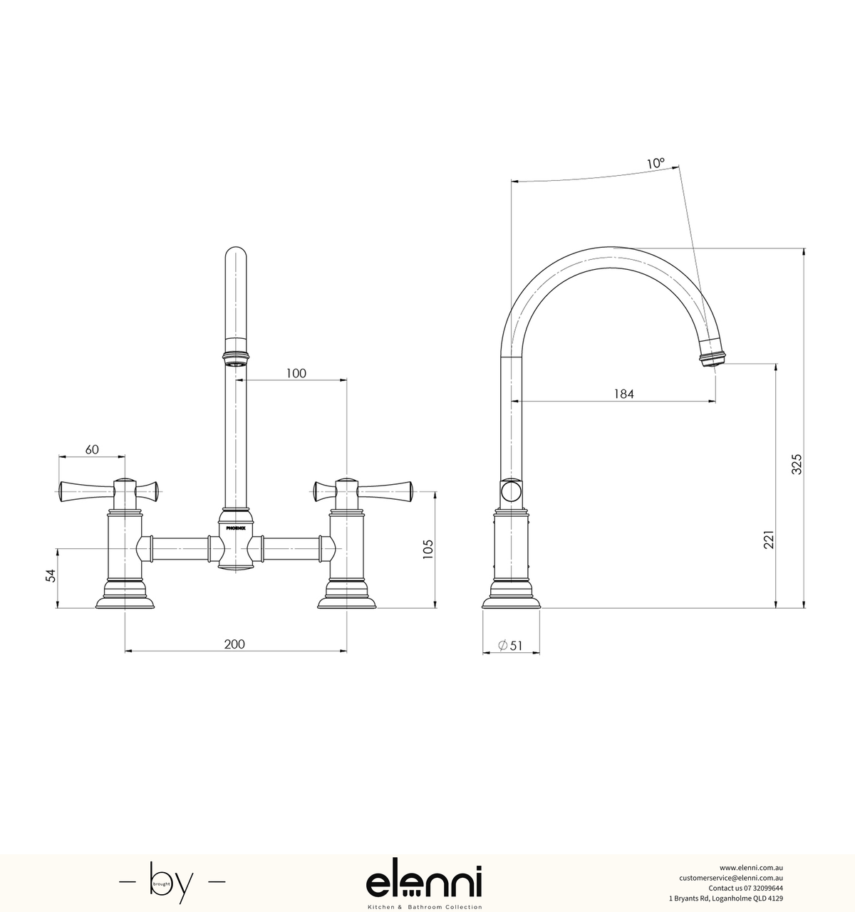 Elenni specification drawing — Cromford Exposed Sink Set 180mm