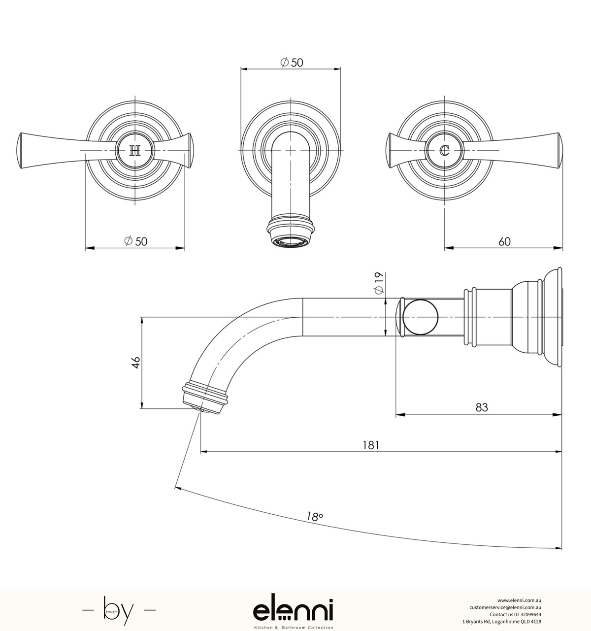 Cromford Wall Basin/Bath Set 180mm - Elenni specification drawing