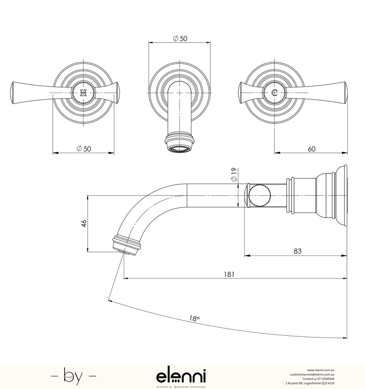 Cromford Wall Basin/Bath Set 180mm - Elenni specification drawing
