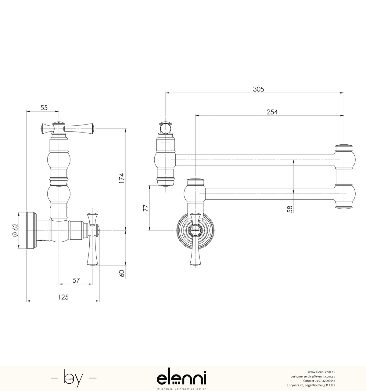 Cromford Pot Filler - Elenni specification drawing