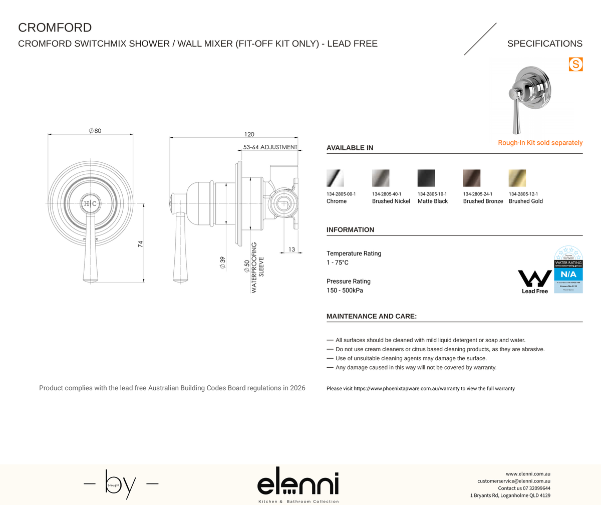Elenni specification drawing — Cromford SwitchMix Shower / Wall Mixer (Fit-Off Kit Only)