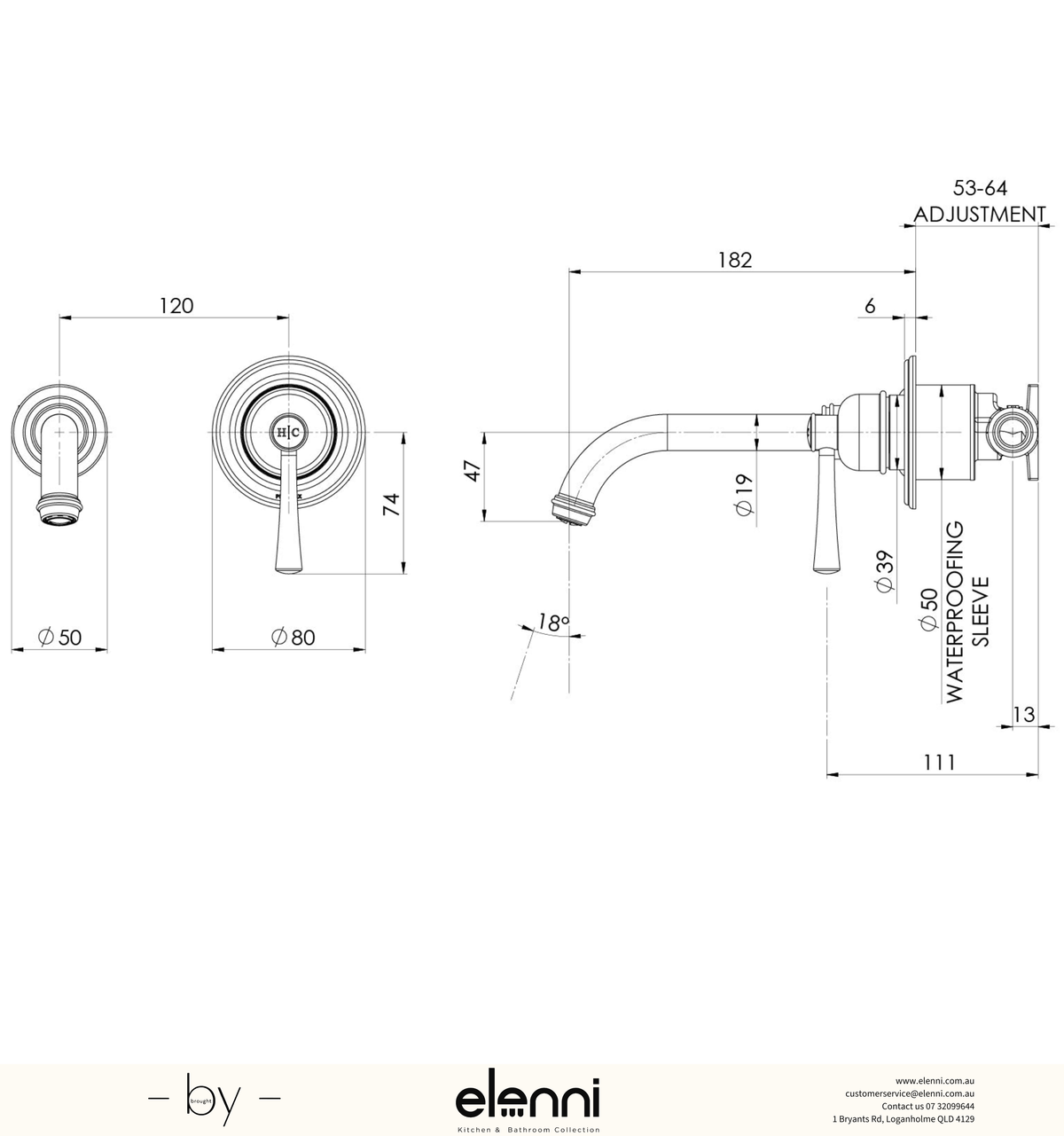 Cromford SwitchMix Wall Basin/Bath Mixer Set 180mm Trim Kit Only - Elenni specification drawing