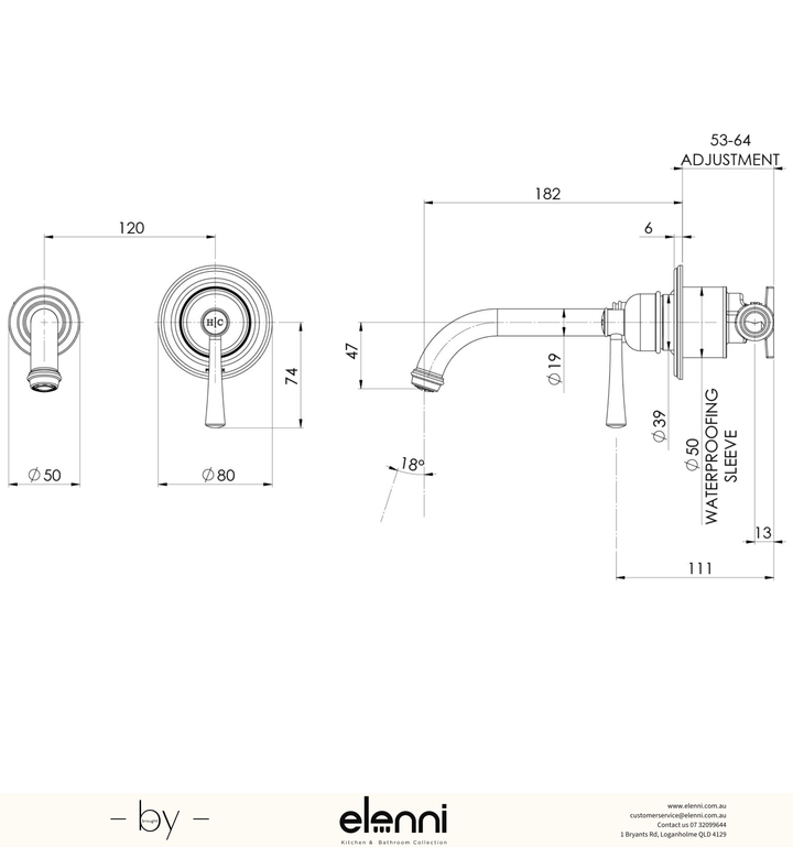 Cromford SwitchMix Wall Basin/Bath Mixer Set 180mm Trim Kit Only - Elenni specification drawing
