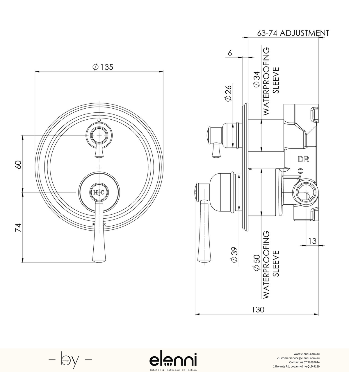 Elenni specification drawing - Cromford Switch Mix Wall Diverter Mixer Fit Off Kit Only