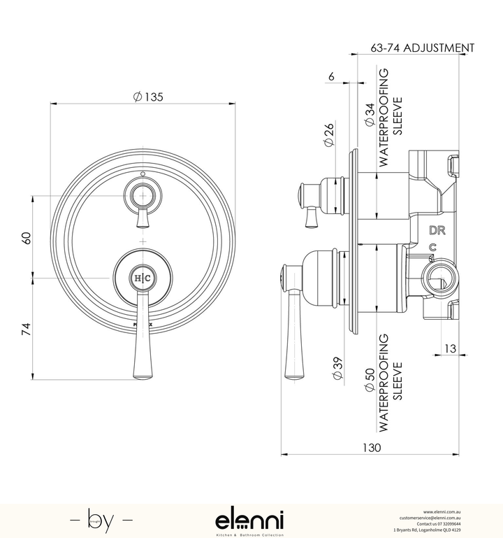 Elenni specification drawing - Cromford Switch Mix Wall Diverter Mixer Fit Off Kit Only