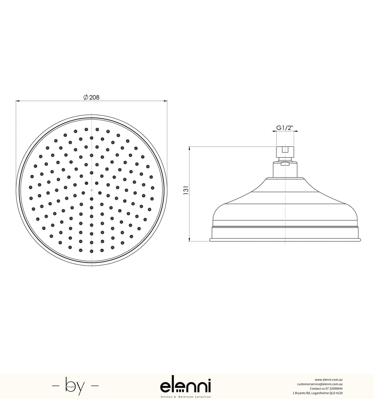 Cromford Shower Rose 210mm - Elenni specification drawing