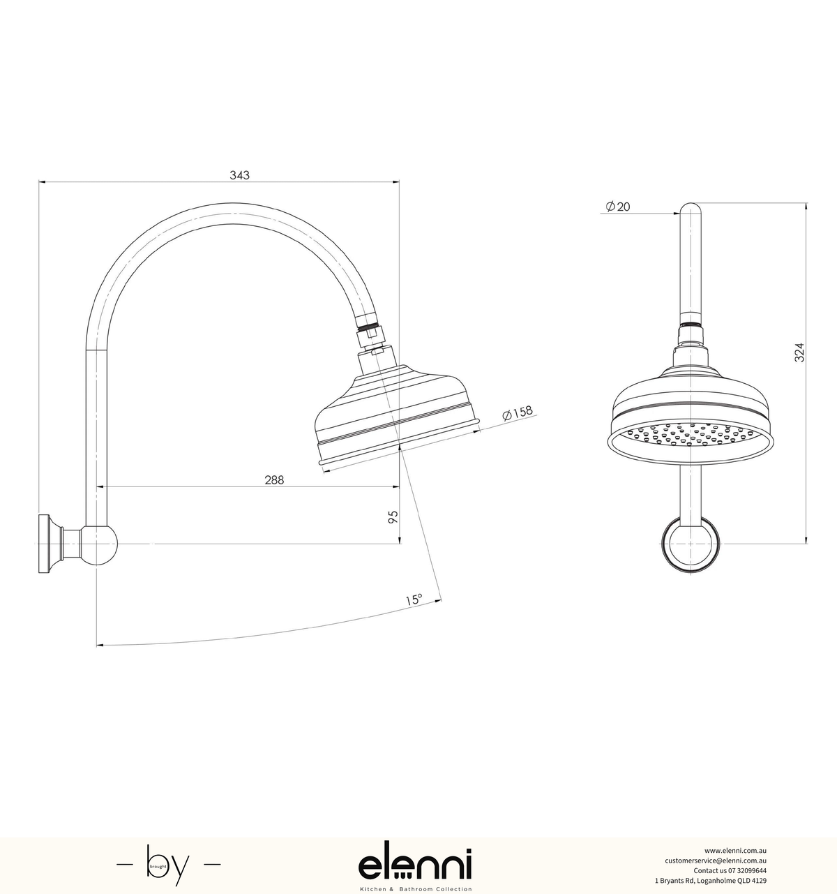Cromford High-Rise Shower Arm and Rose - Elenni specification drawing