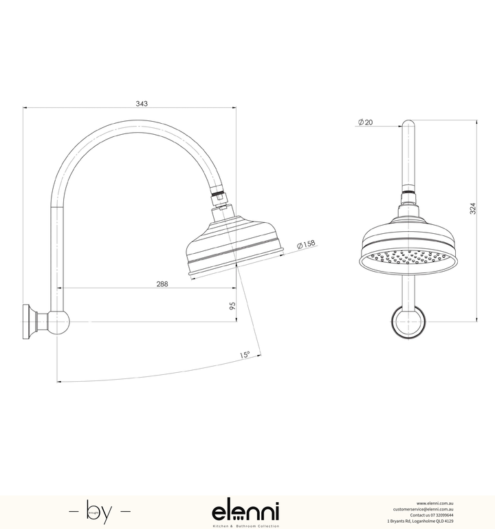 Cromford High-Rise Shower Arm and Rose - Elenni specification drawing