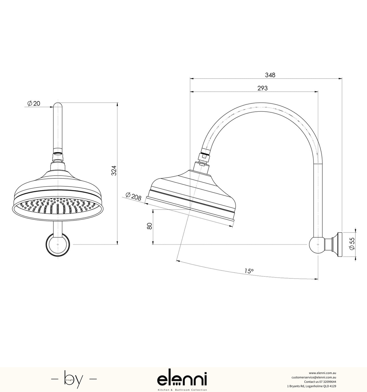 Cromford High Rise Shower Arm &amp; Rose 210mm - Elenni specification drawing