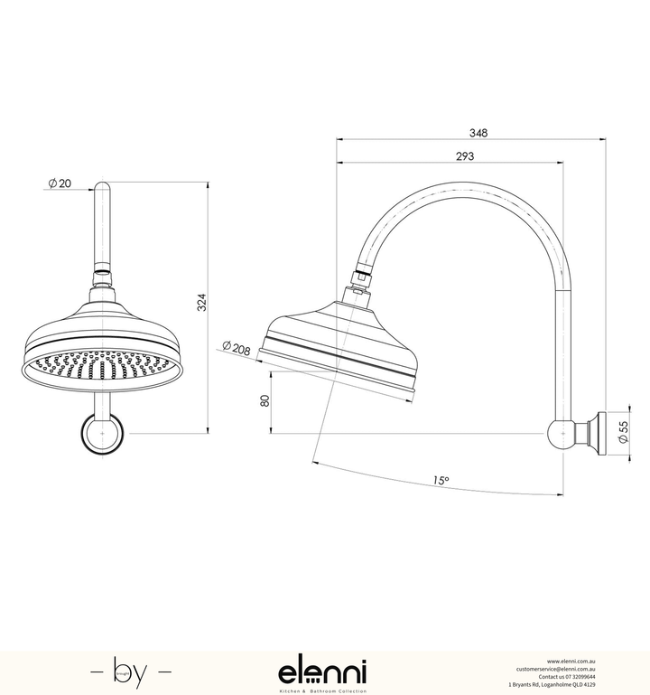 Cromford High Rise Shower Arm &amp; Rose 210mm - Elenni specification drawing