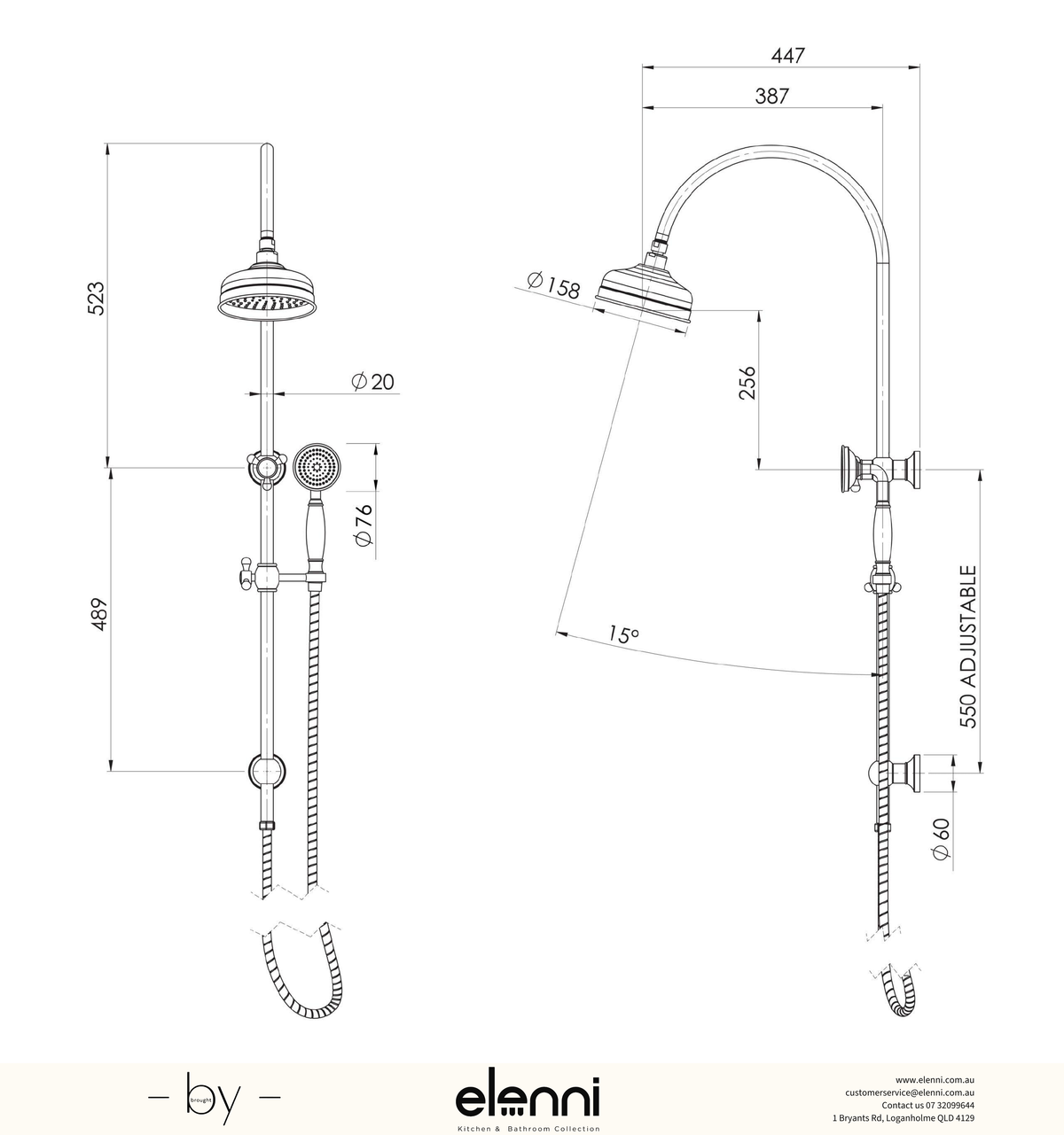 Cromford Twin Shower - Elenni specification drawing