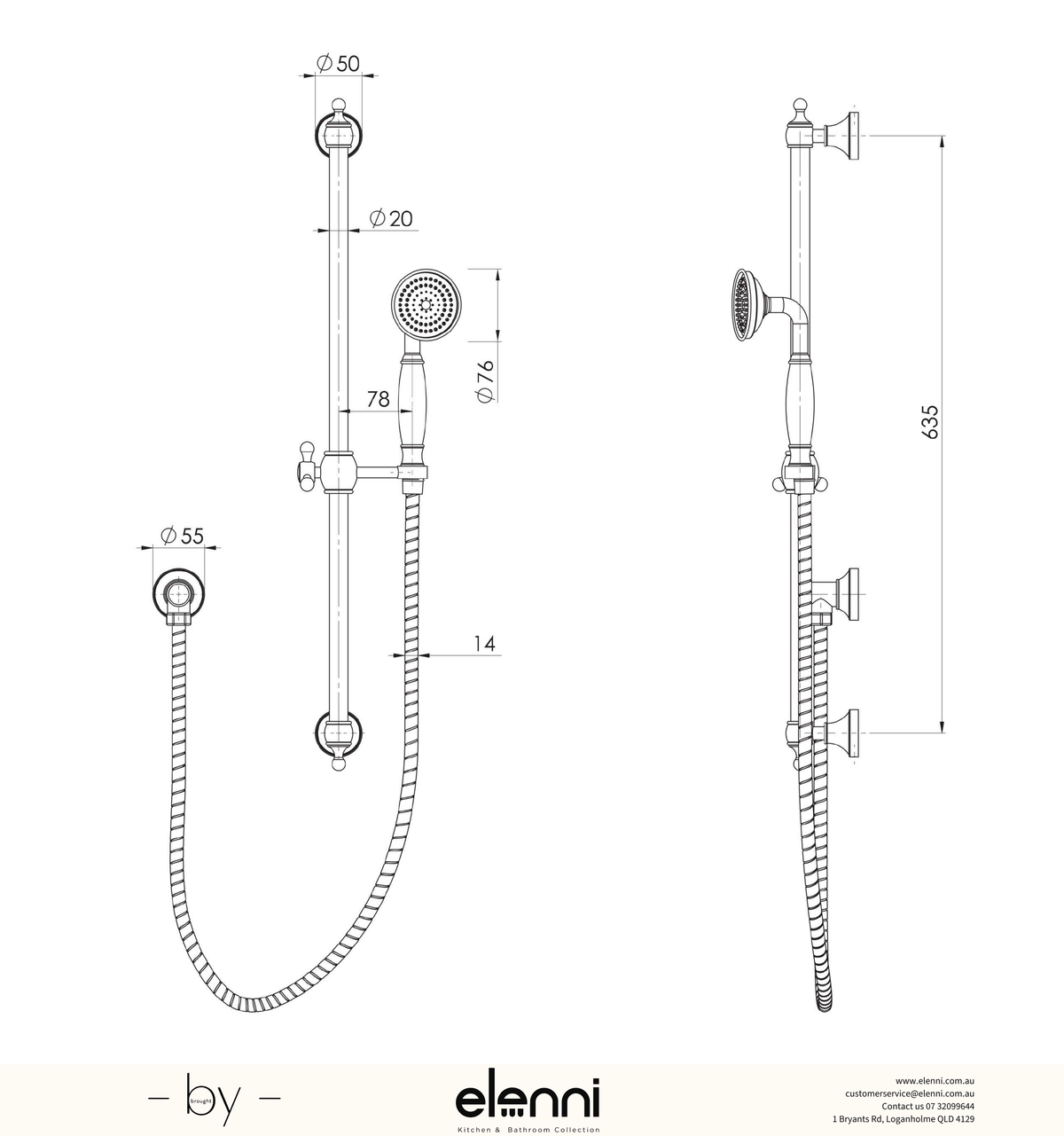 Cromford Rail Shower - Elenni specification drawing