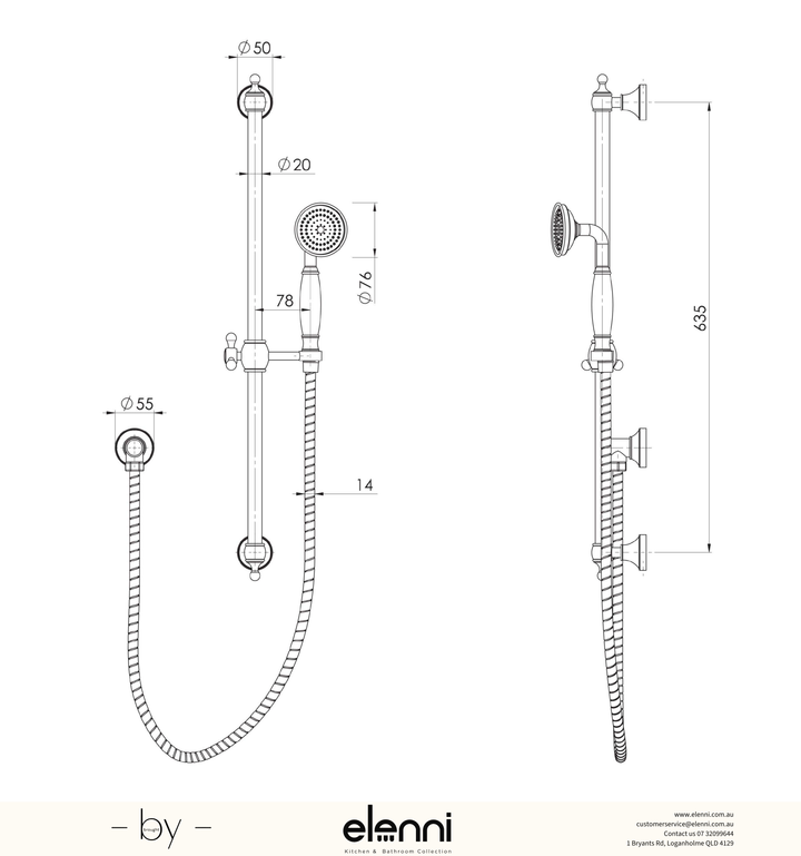 Cromford Rail Shower - Elenni specification drawing