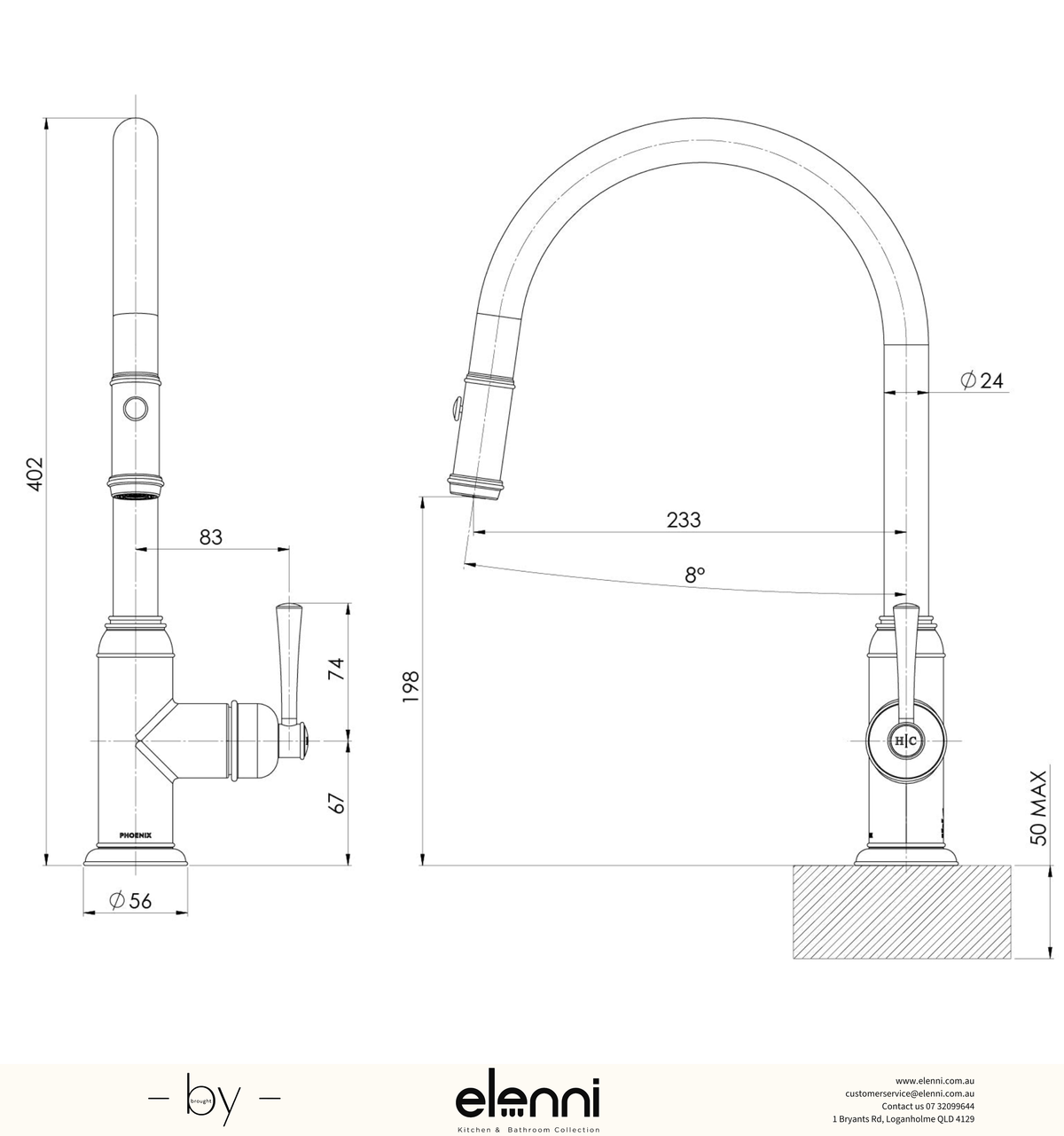 Cromford Pull Out Sink Mixer - Elenni specification drawing