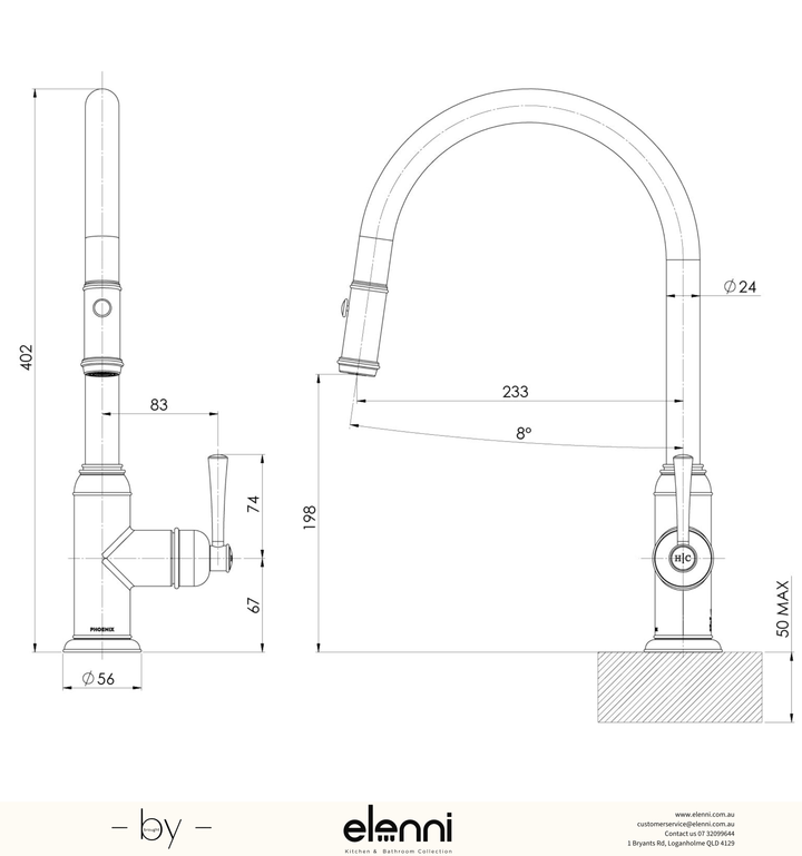 Cromford Pull Out Sink Mixer - Elenni specification drawing