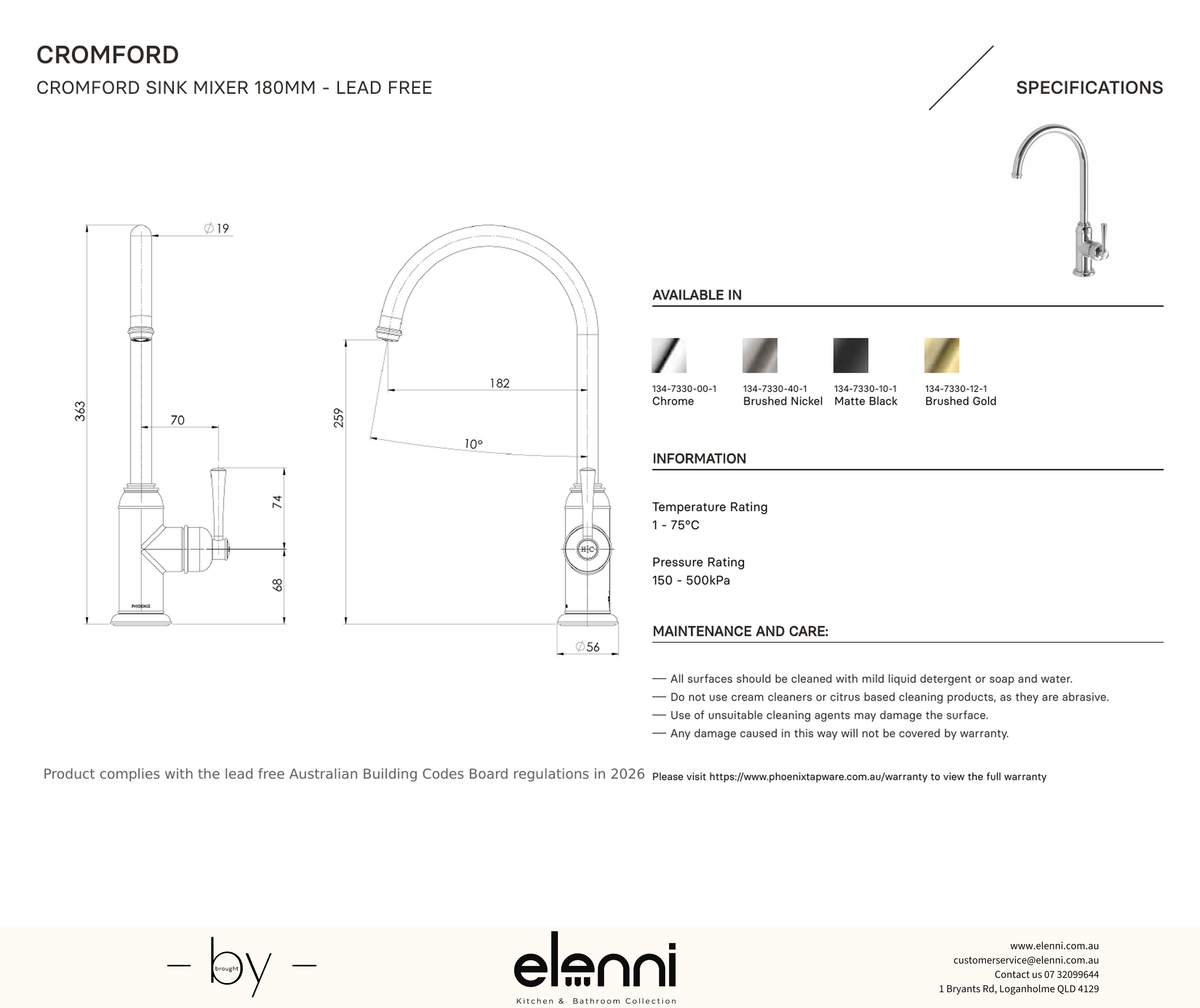 Elenni specification drawing — Cromford Sink Mixer 180mm