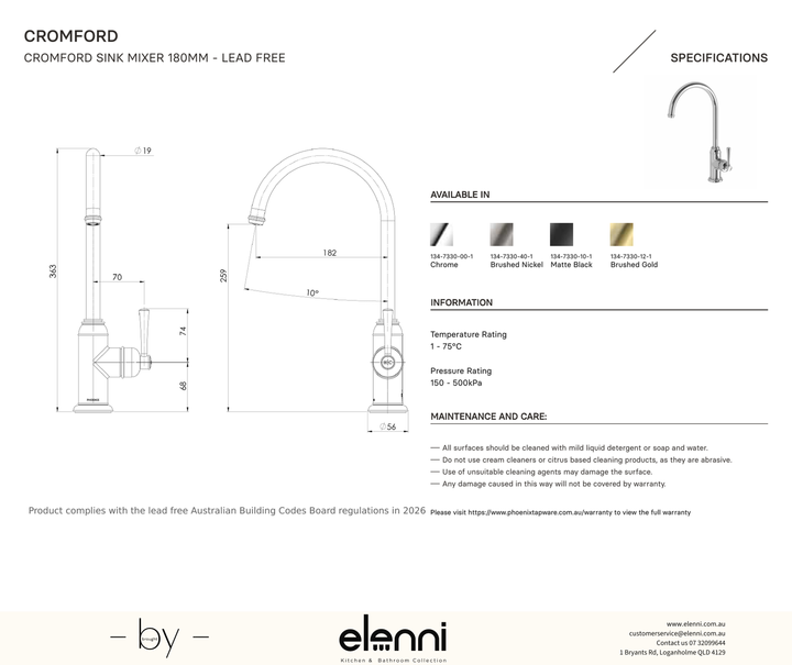 Elenni specification drawing — Cromford Sink Mixer 180mm