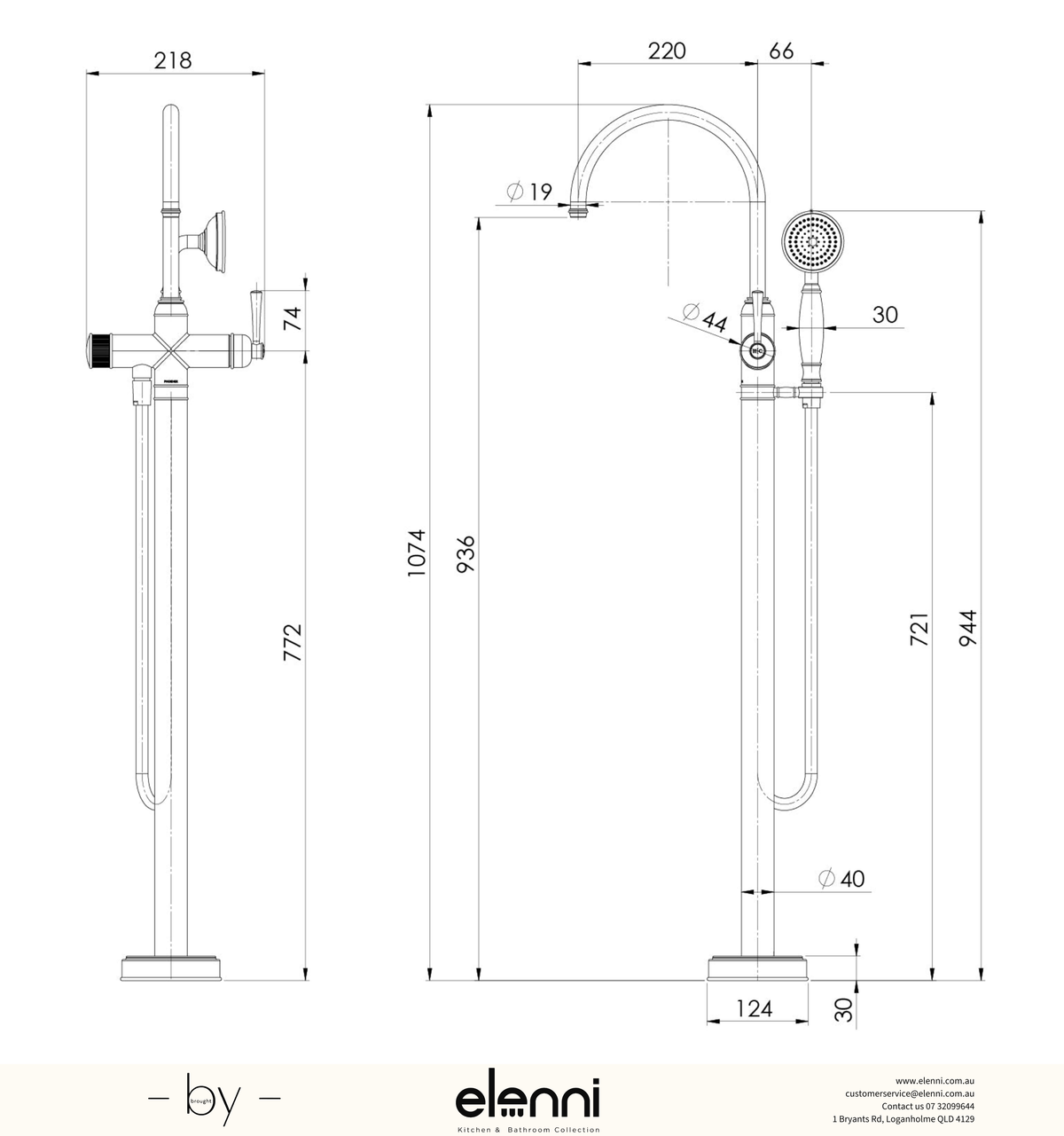 Cromford Floor Mounted Bath Mixer With Handshower - Elenni specification drawing
