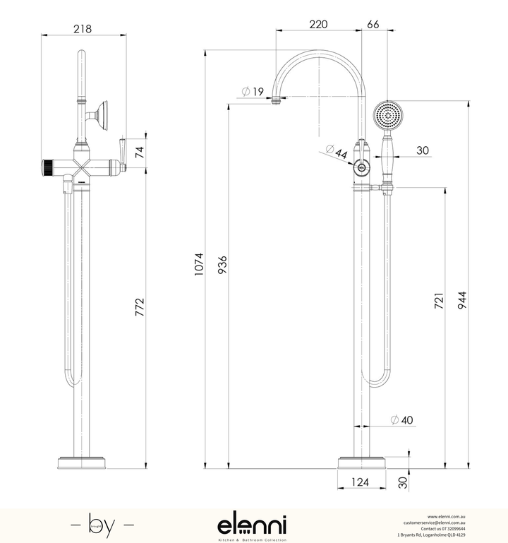 Cromford Floor Mounted Bath Mixer With Handshower - Elenni specification drawing
