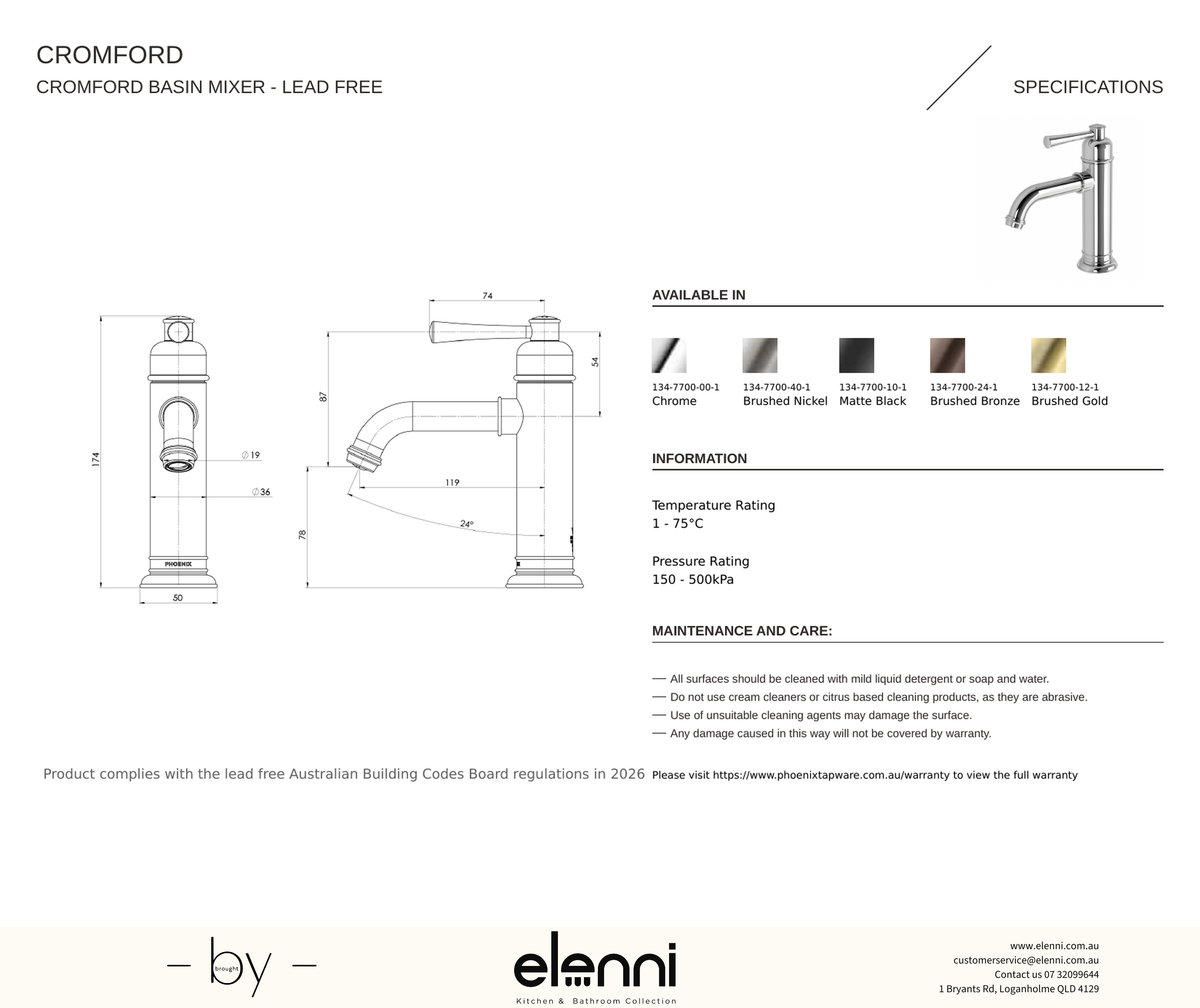 Elenni specification drawing — Cromford Basin Mixer