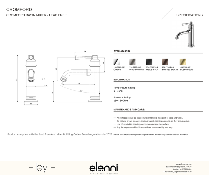 Elenni specification drawing — Cromford Basin Mixer