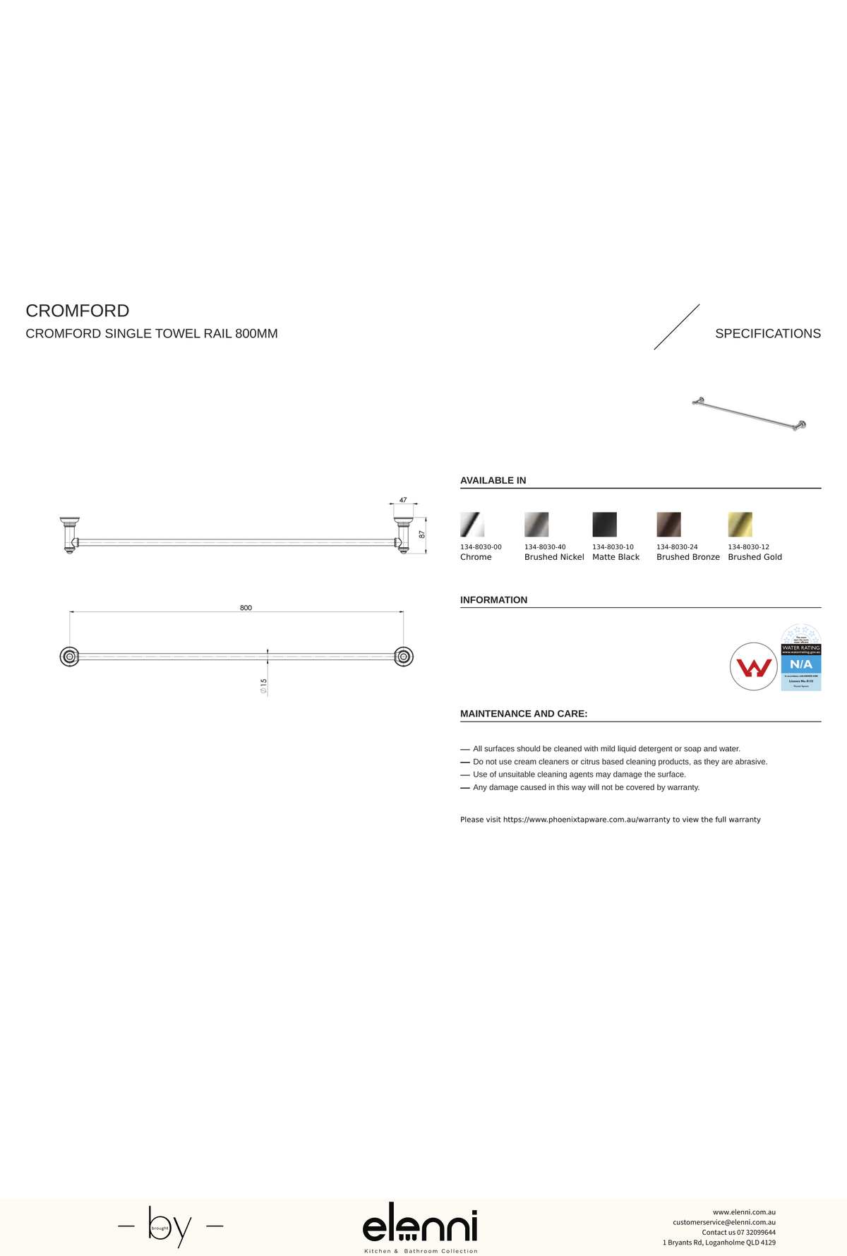 Cromford Single Towel Rail 800mm - Elenni specification drawing