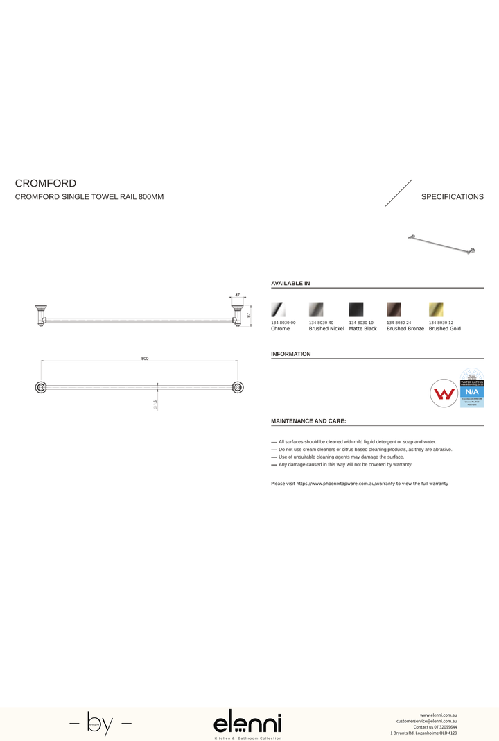 Cromford Single Towel Rail 800mm - Elenni specification drawing