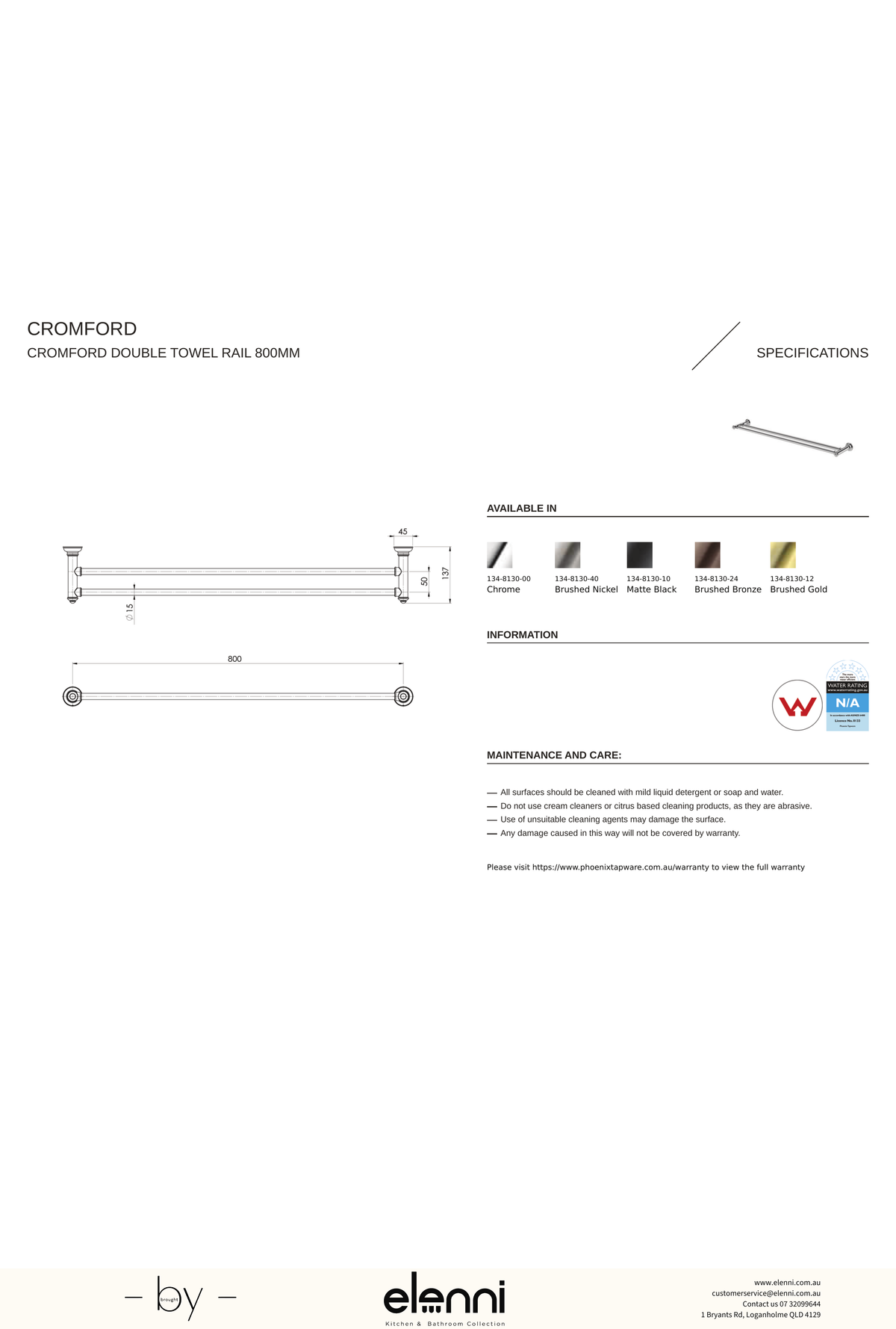 Cromford Double Towel Rail 800mm - Elenni specification drawing