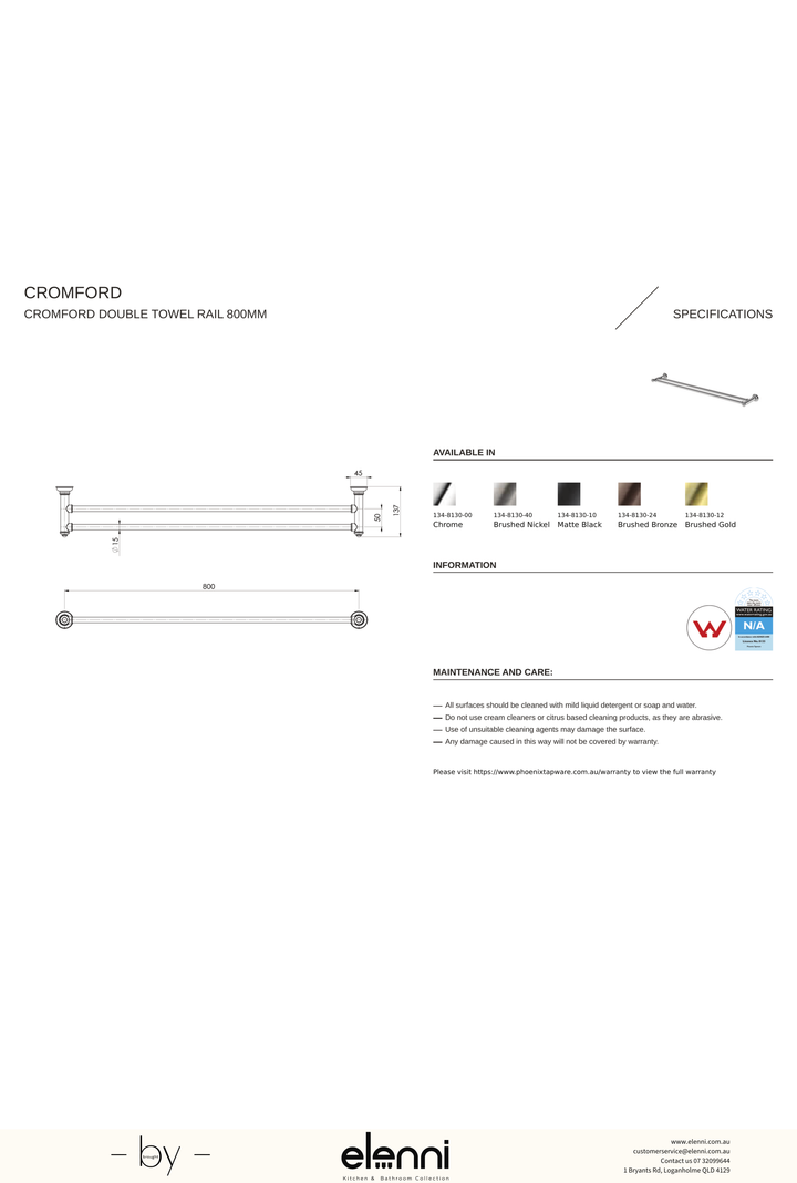 Cromford Double Towel Rail 800mm - Elenni specification drawing
