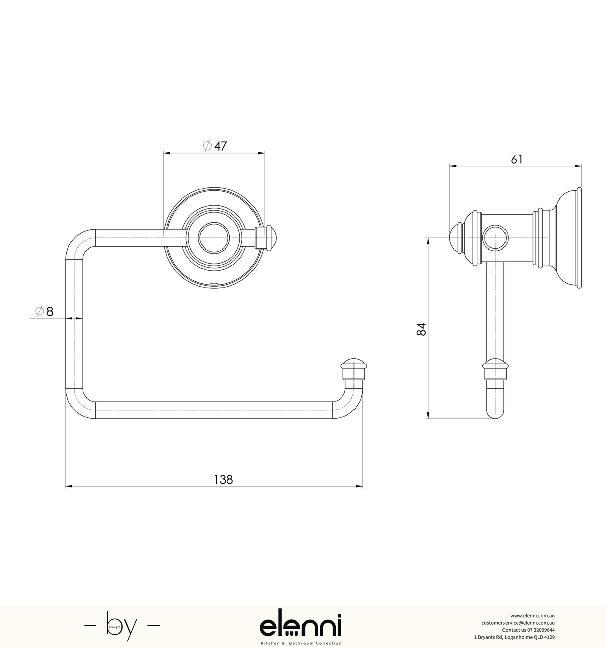 Cromford Toilet Roll Holder - Elenni specification drawing