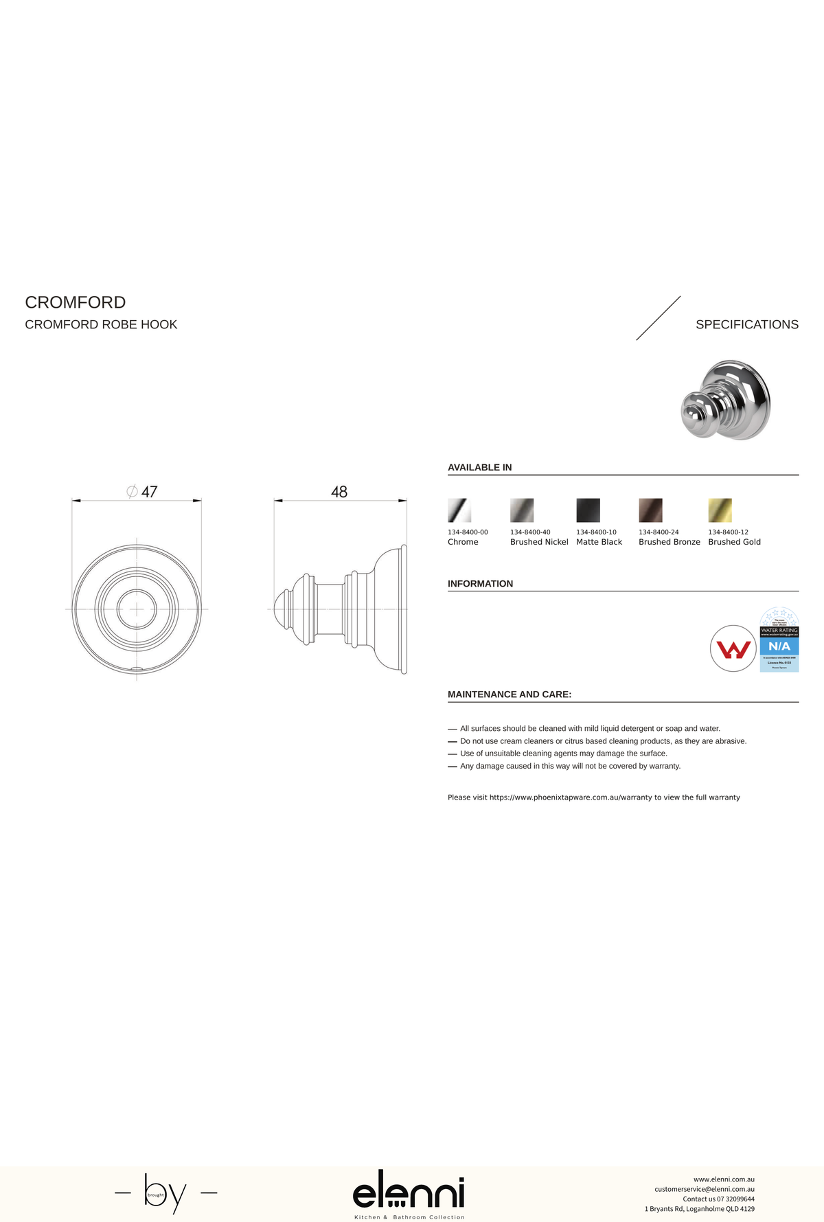 Cromford Robe Hook - Elenni specification drawing