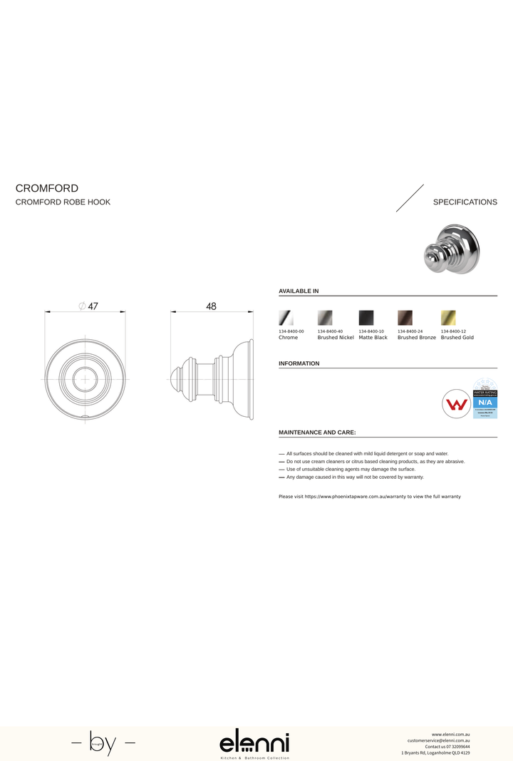 Cromford Robe Hook - Elenni specification drawing