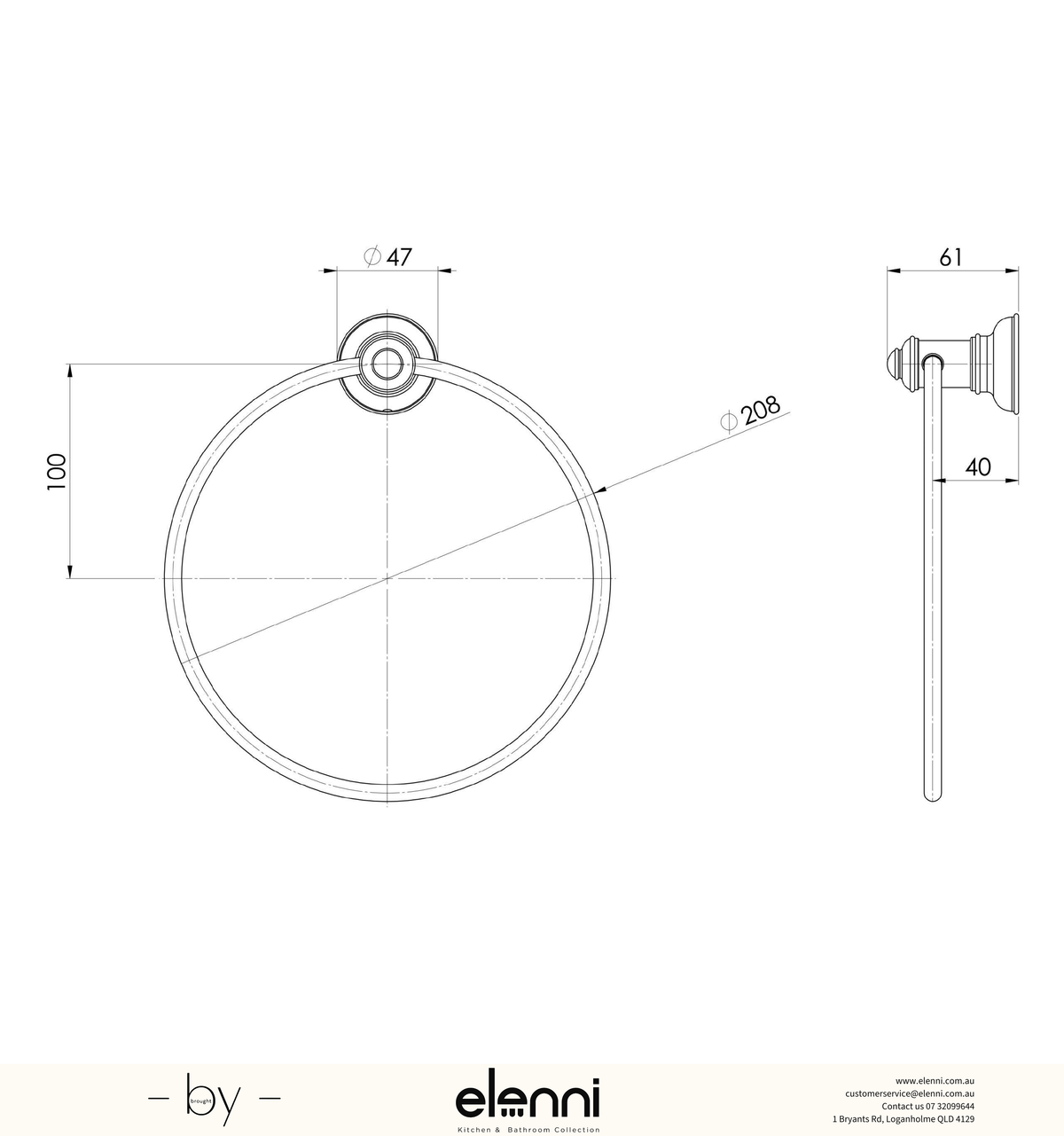 Cromford Hand Towel Holder - Elenni specification drawing
