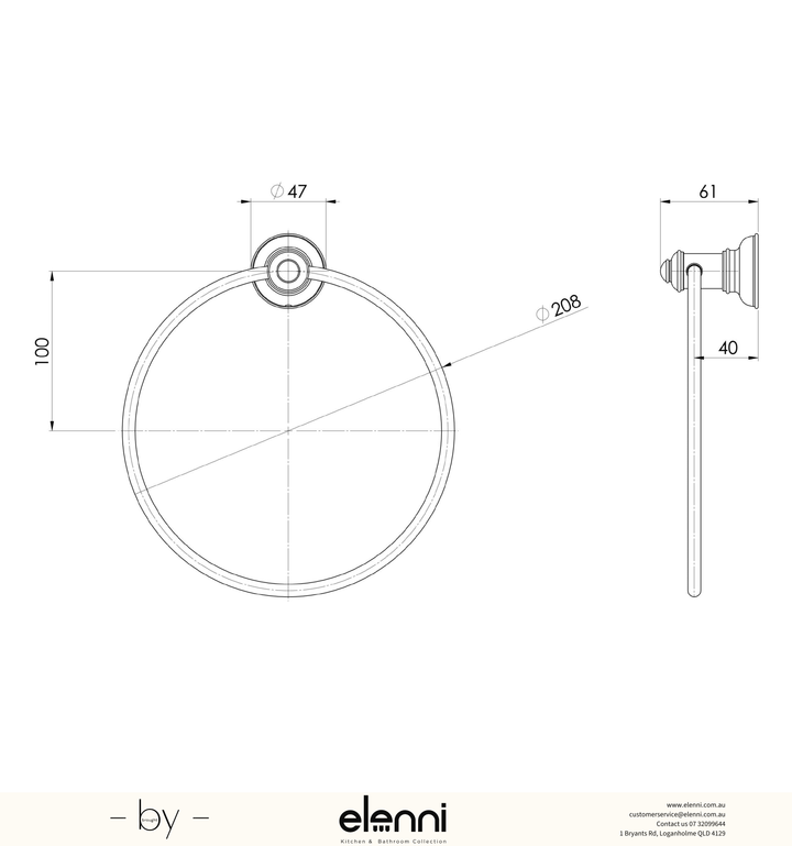 Cromford Hand Towel Holder - Elenni specification drawing
