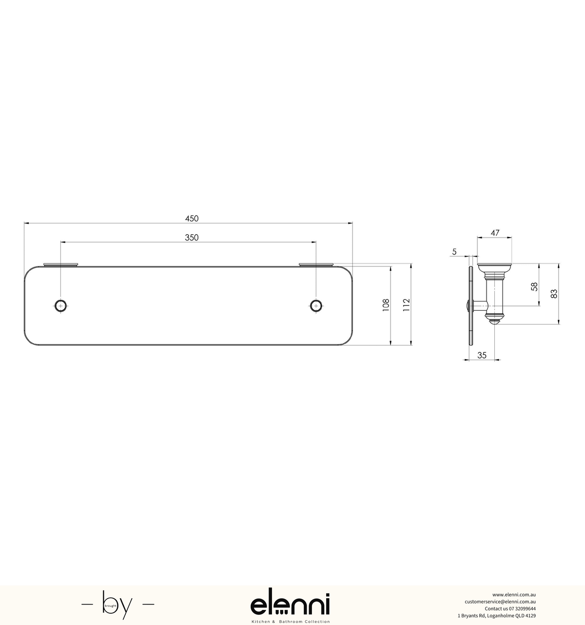 Cromford Glass Shelf 450mm - Elenni specification drawing